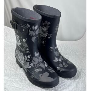 Chooka Women 8 Black/White Floral  Rainware Eastlake Tillie Mid-Calf Rain Boot